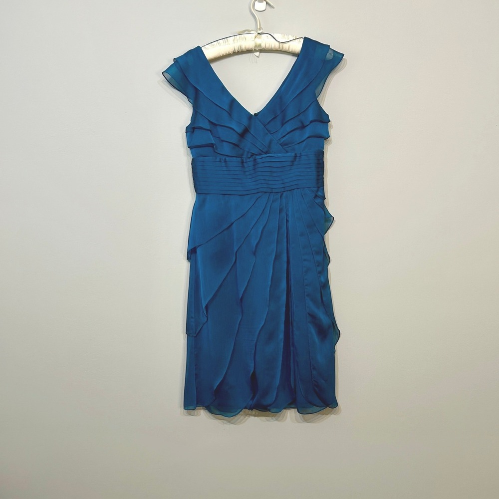 Adrianna Papell Dress Womens 6 Teal Blue Ruffle Tiered Cocktail V-Neck Excellent